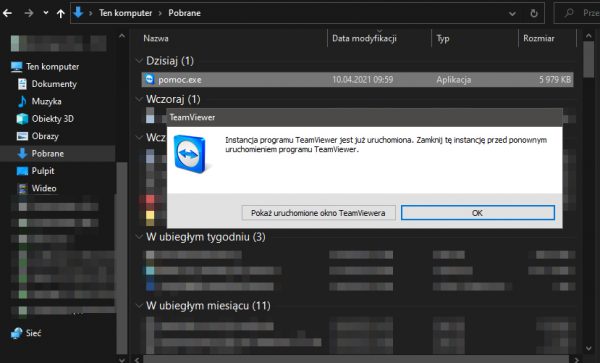 Pomoc zdalna - inna wersja programu jest już uruchomiona.