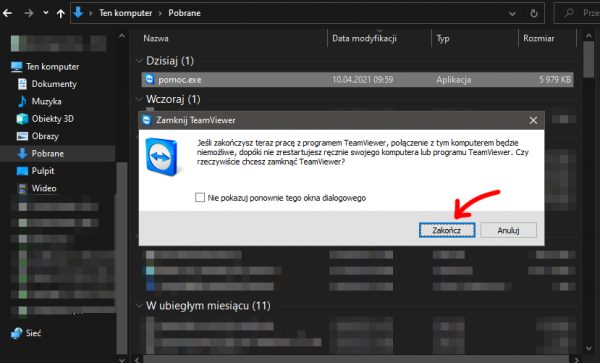Pomoc Zdalna - potwierdzenie zamknięcia istniejącej instancji programu.